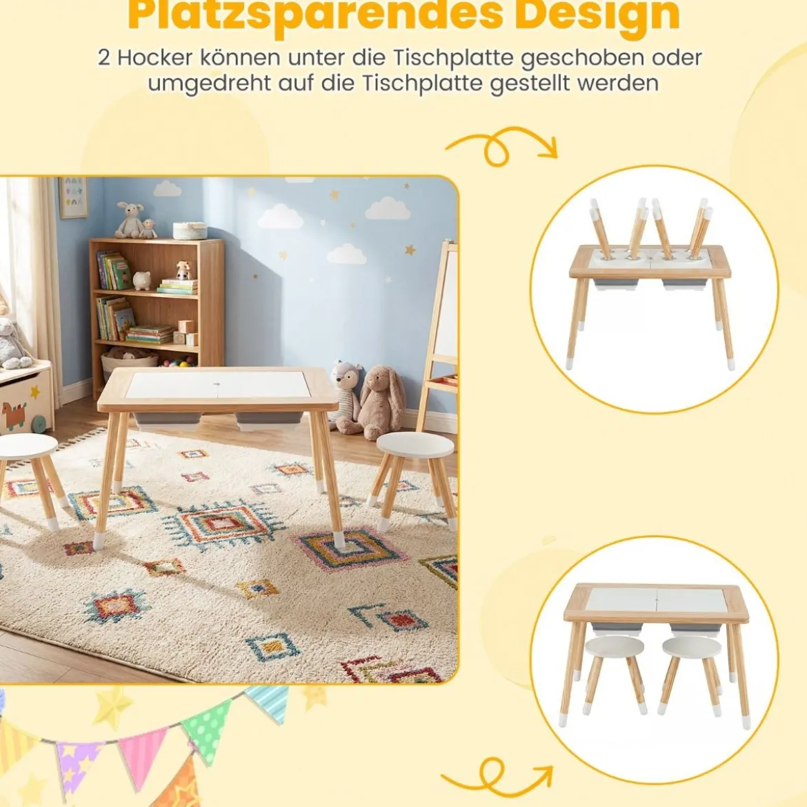 Sinnes- und Spieltisch mit 2 Hockern Kindertisch- und Stuhlset mit abnehmbaren doppelseitigen Tischplatten Natur