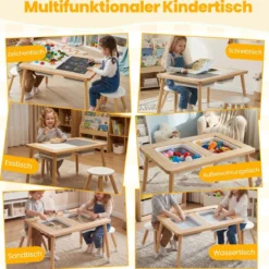 Sinnes- und Spieltisch mit 2 Hockern Kindertisch- und Stuhlset mit abnehmbaren doppelseitigen Tischplatten Natur