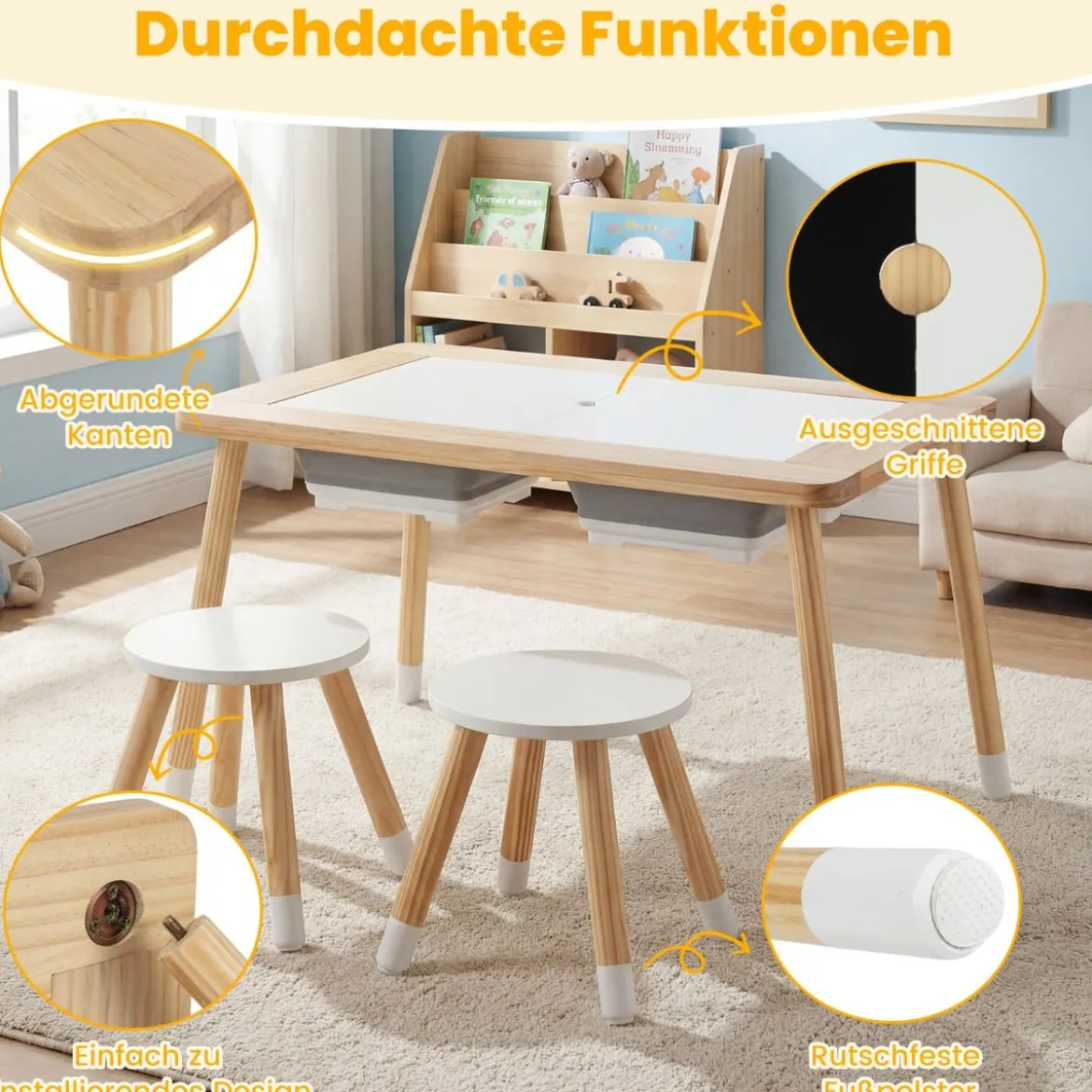 Sinnes- und Spieltisch mit 2 Hockern Kindertisch- und Stuhlset mit abnehmbaren doppelseitigen Tischplatten Natur