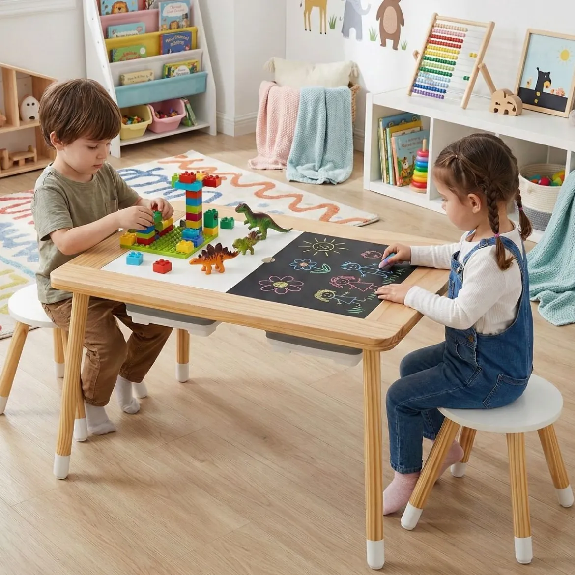 Sinnes- und Spieltisch mit 2 Hockern Kindertisch- und Stuhlset mit abnehmbaren doppelseitigen Tischplatten Natur