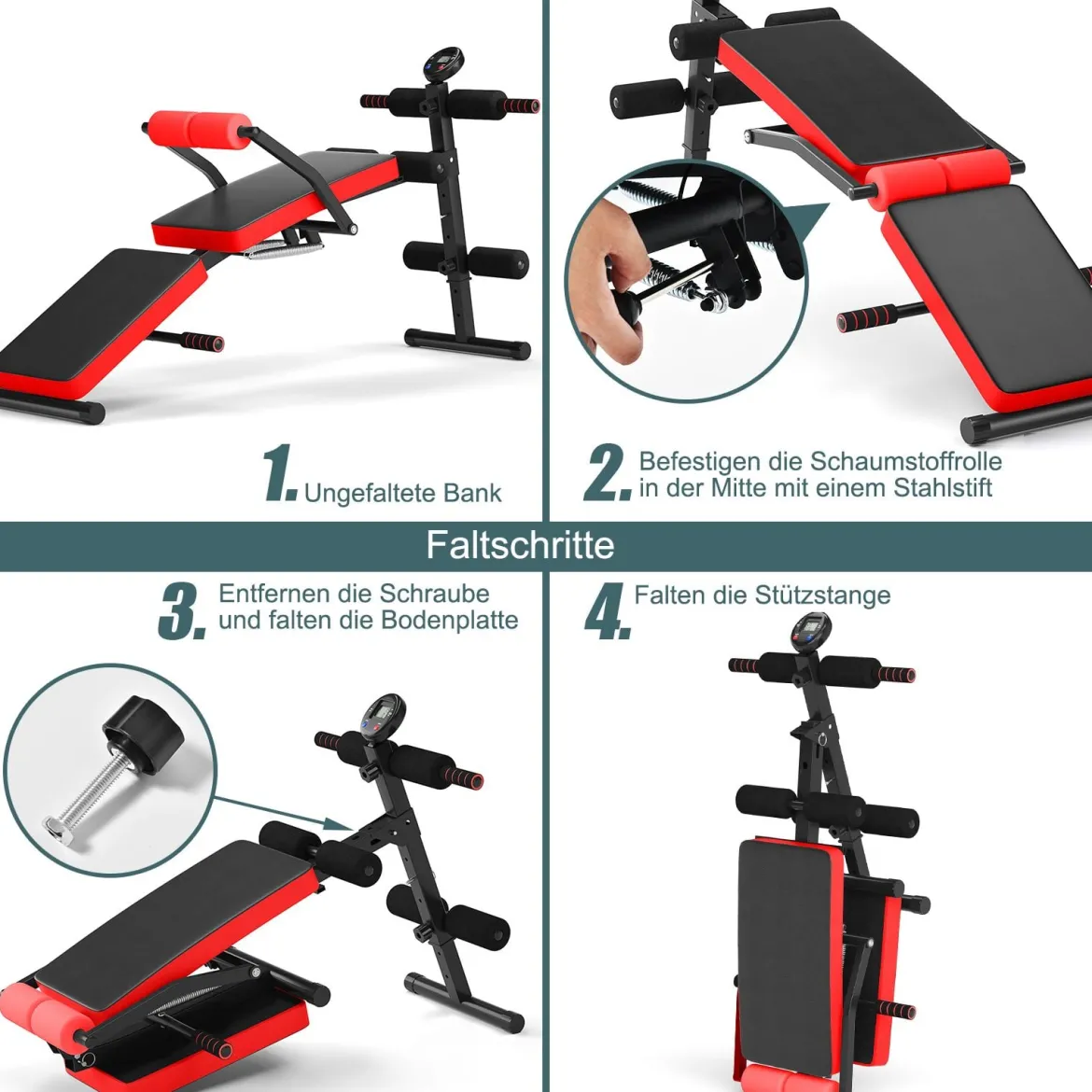 Sit Up Bank klappbar Trainingsbank höhenverstellbar Fitnessbank Schrägbank Rot