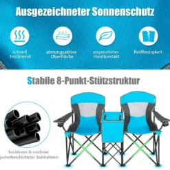 2-Sitzer Campingstuhl mit Sonnenschutz Mini-Tisch klappbarer Angelstuhl mit Tragetasche 166 x 71 x 151 cm Blau