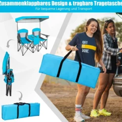 2-Sitzer Campingstuhl mit Sonnenschutz Mini-Tisch klappbarer Angelstuhl mit Tragetasche 166 x 71 x 151 cm Blau