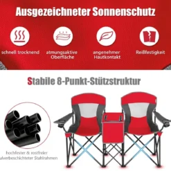 2-Sitzer Campingstuhl mit Sonnenschutz Mini-Tisch klappbarer Angelstuhl mit Tragetasche 166 x 71 x 151 cm Rot