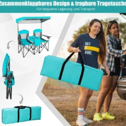 2-Sitzer Campingstuhl mit Sonnenschutz Mini-Tisch klappbarer Angelstuhl mit Tragetasche 166 x 71 x 151 cm Türkis