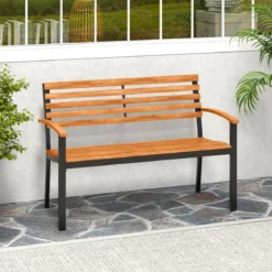 2-Sitzer Gartenbank aus Akazienholz mit Armlehnen & Metallrahmen Wetterfest Holzbank