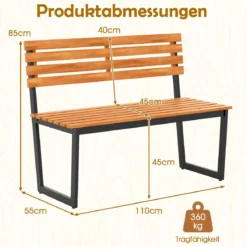 2-Sitzer Gartenbank aus Akazienholz mit Metallrahmen Wetterfest Holzbank Sitzbank