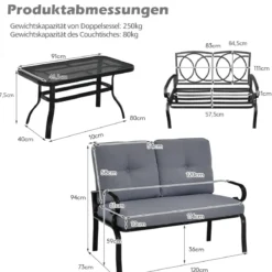 2-Sitzer Gartenbank mit Couchtisch Sitzbank mit Kissen Grau & Schwarz
