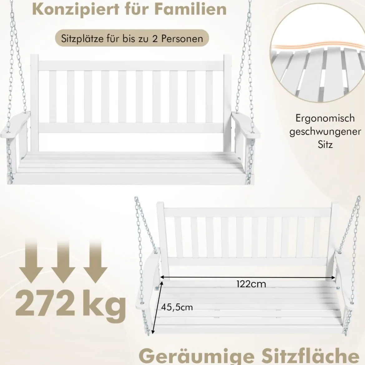 2-Sitzer Hängebank aus Massivholz Hollywoodschaukel bis 230 kg Belastbar Weiß