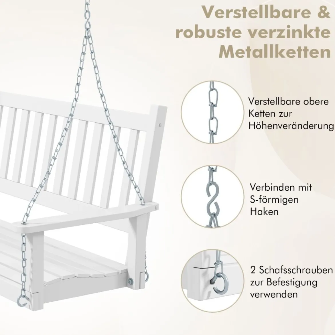 2-Sitzer Hängebank aus Massivholz Hollywoodschaukel bis 230 kg Belastbar Weiß