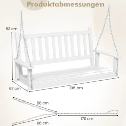 2-Sitzer Hängebank aus Massivholz Hollywoodschaukel bis 230 kg Belastbar Weiß