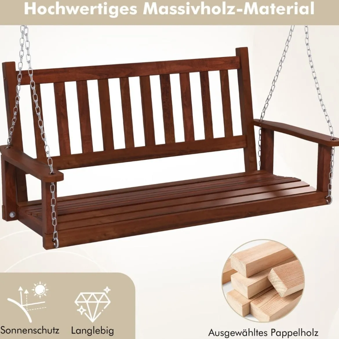 3-Sitzer Hängebank aus Massivholz Hollywoodschaukel bis 360 kg Belastbar Braun