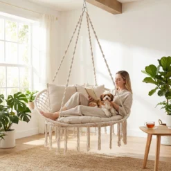 2-Sitzer Hängesessel Boho Hängeschaukel für 2 Personen mit Kissen und Fransen Indoor & Outdoor Beige