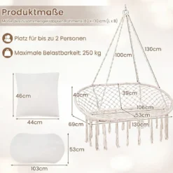 2-Sitzer Hängesessel Boho Hängeschaukel für 2 Personen mit Kissen und Fransen Indoor & Outdoor Beige