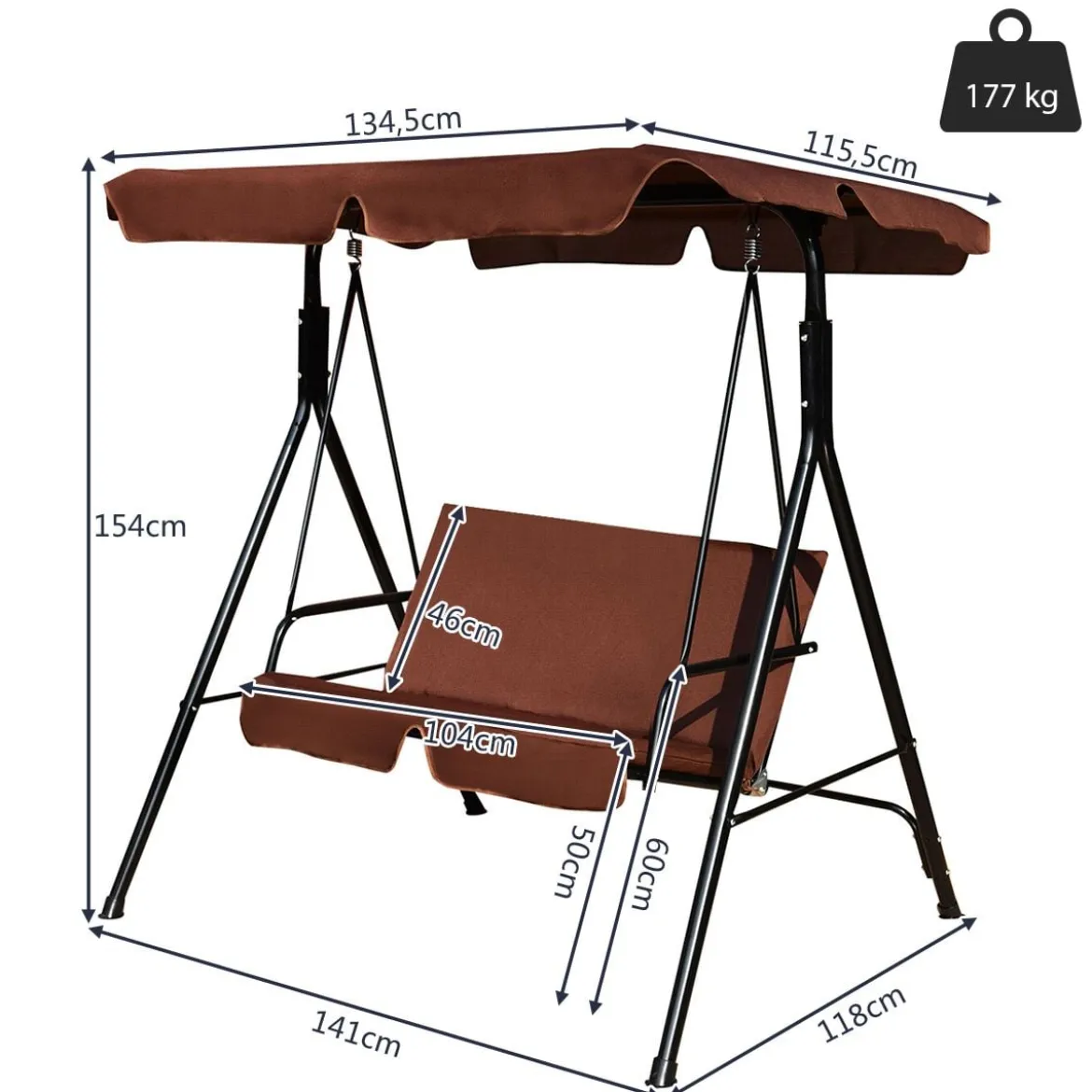 2-Sitzer Hollywoodschaukel Gartenschaukel mit Sonnendach 141 x 118 x 154 cm Braun