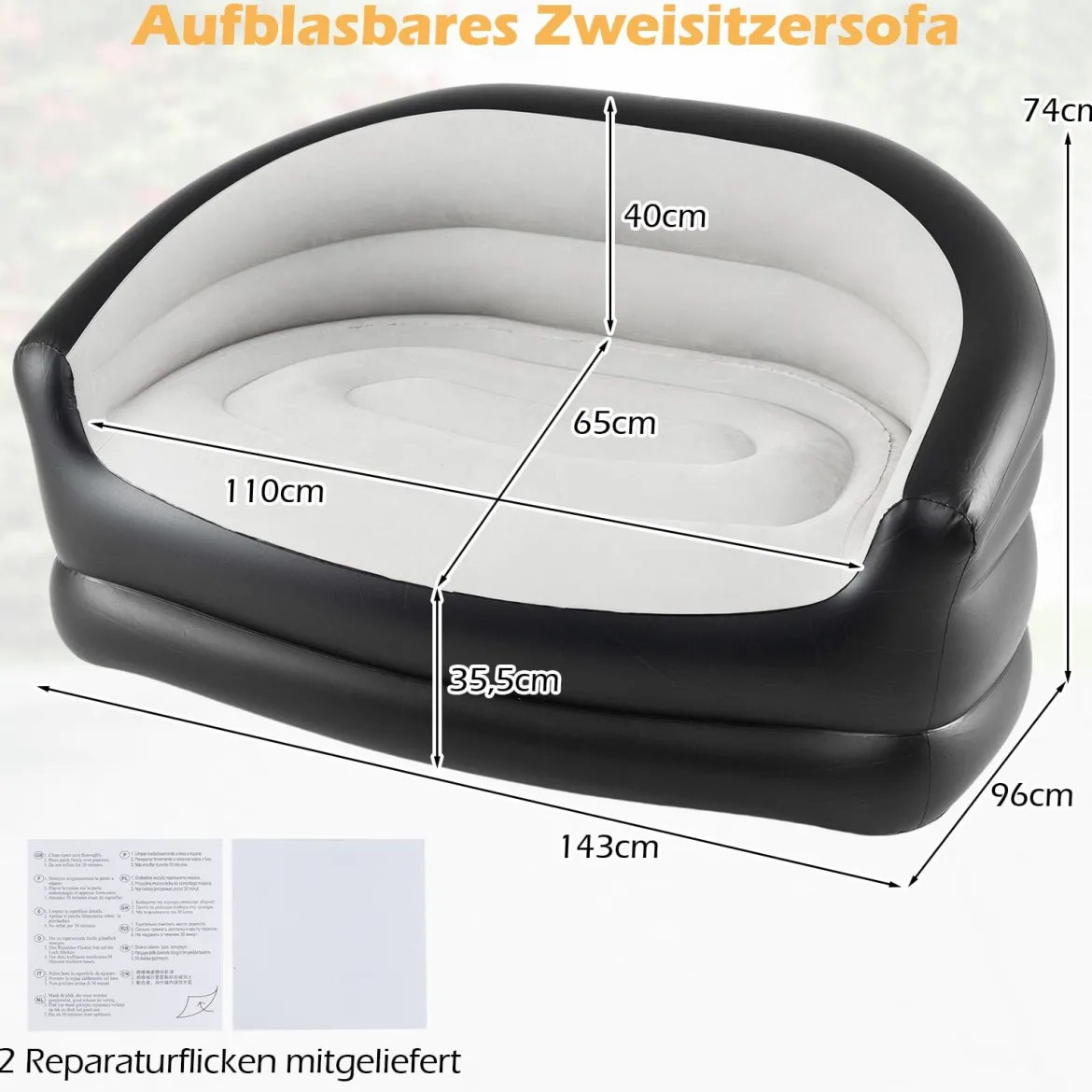 2-Sitzer Luftsofa mit Beflockter Oberfläche & Armlehnen Aufblasbares Sofa Aufblasbare Couch