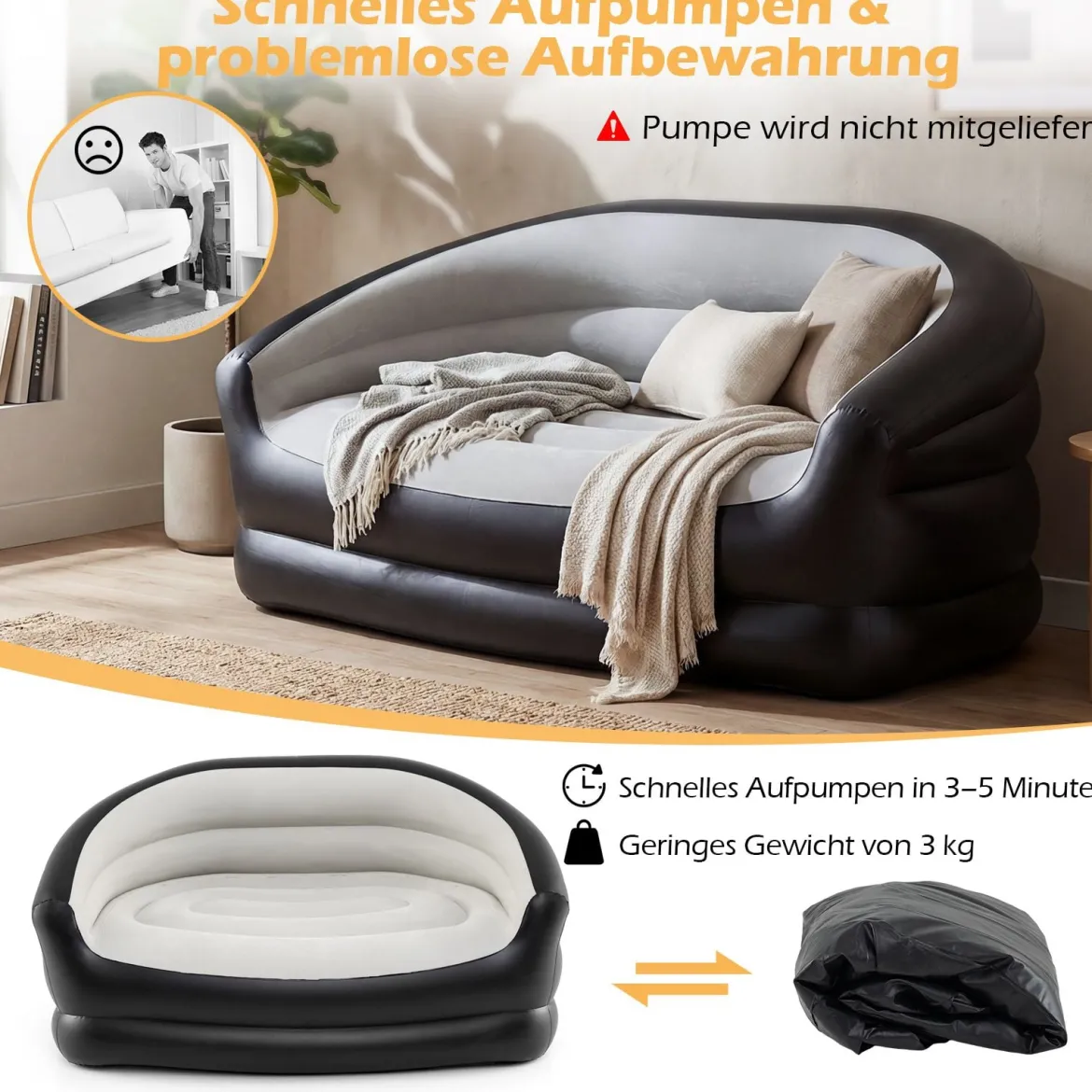 2-Sitzer Luftsofa mit Beflockter Oberfläche & Armlehnen Aufblasbares Sofa Aufblasbare Couch