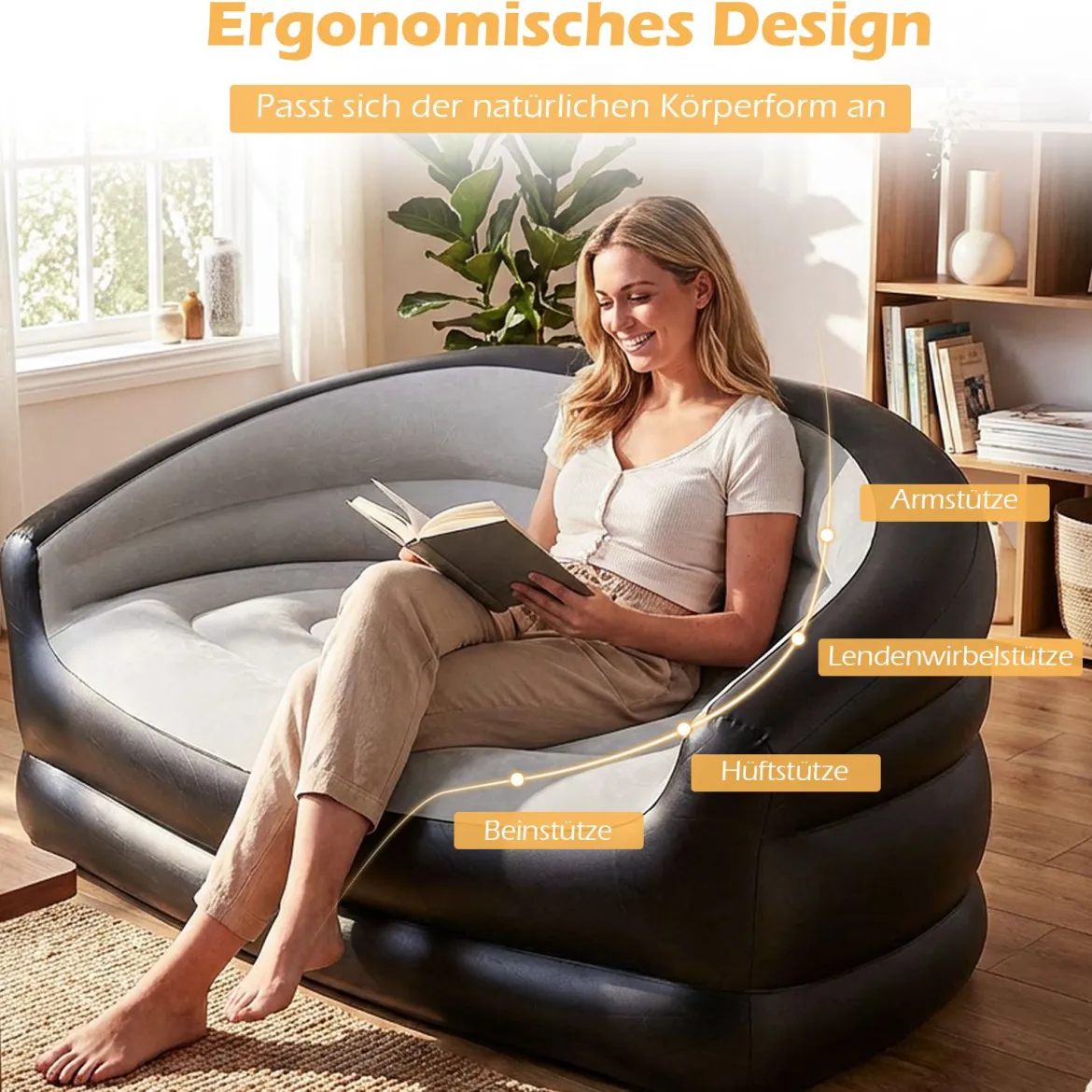 2-Sitzer Luftsofa mit Beflockter Oberfläche & Armlehnen Aufblasbares Sofa Aufblasbare Couch