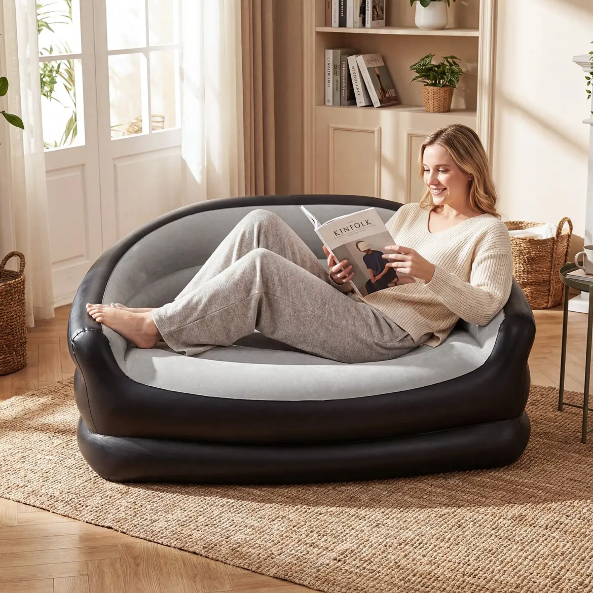2-Sitzer Luftsofa mit Beflockter Oberfläche & Armlehnen Aufblasbares Sofa Aufblasbare Couch