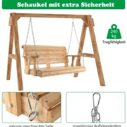 2-Sitzer Schaukelbank aus Holz bis 240 kg belastbar Gartenschaukel mit Getränkehaltern Natur
