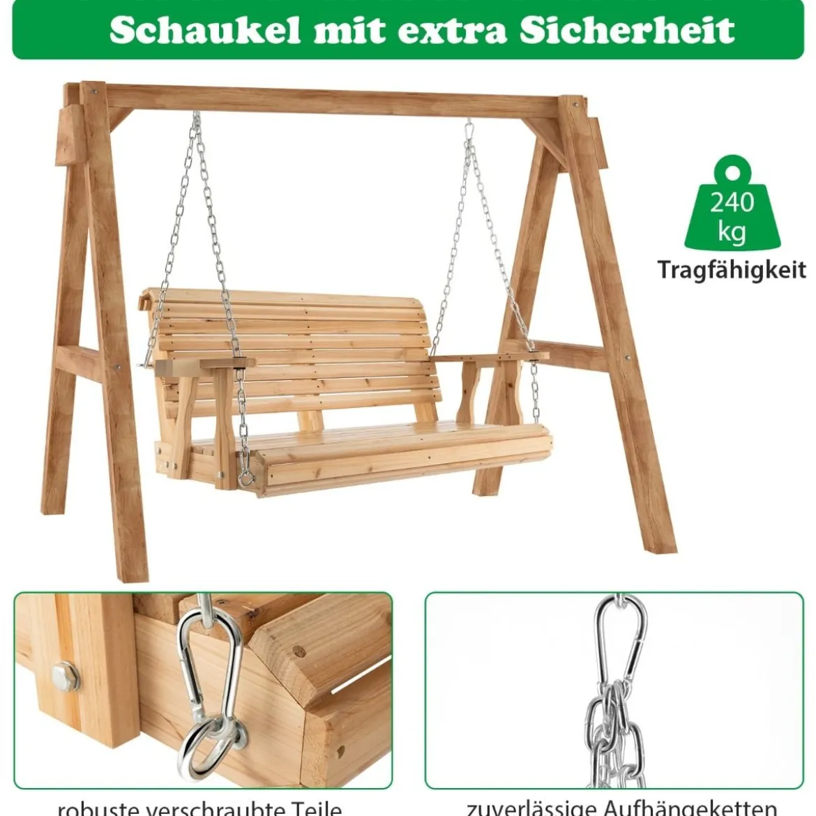 2-Sitzer Schaukelbank aus Holz bis 240 kg belastbar Gartenschaukel mit Getränkehaltern Natur