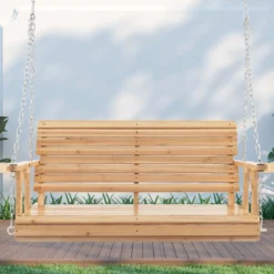 2-Sitzer Schaukelbank aus Holz bis 240 kg belastbar Gartenschaukel mit Getränkehaltern Natur
