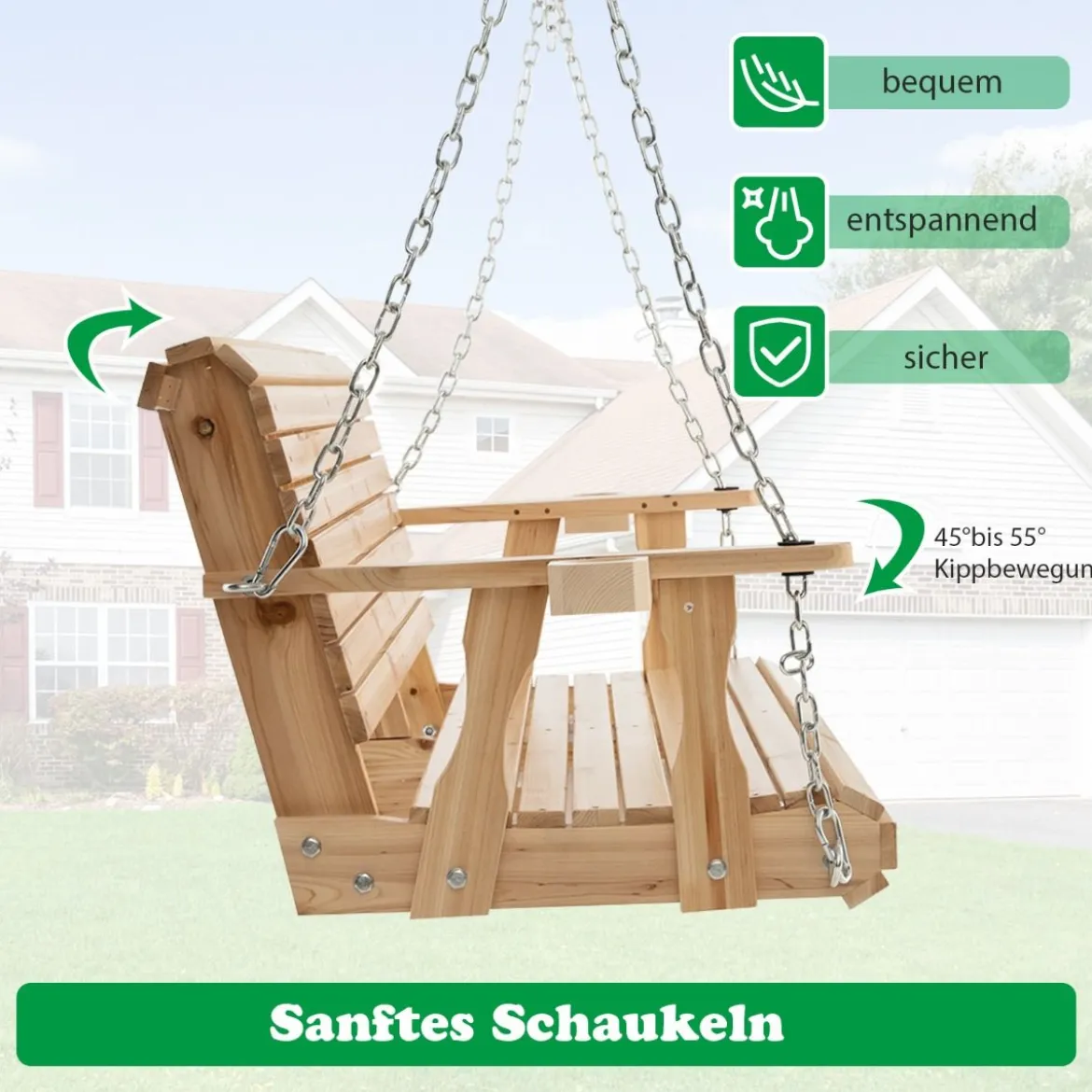2-Sitzer Schaukelbank aus Holz bis 240 kg belastbar Gartenschaukel mit Getränkehaltern Natur