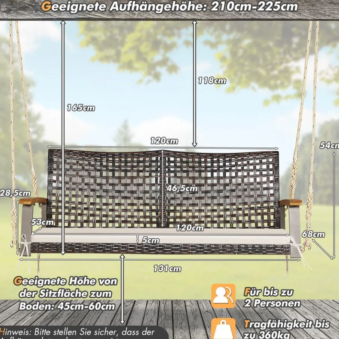 2-Sitzer Schaukelbank mit Kissen PE-Rattan Hängebank bis 360 kg Gartenschaukel Weiß