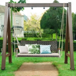 2-Sitzer Schaukelbank mit Kissen PE-Rattan Hängebank bis 360 kg Gartenschaukel Weiß