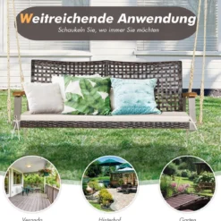 2-Sitzer Schaukelbank mit Kissen PE-Rattan Hängebank bis 360 kg Gartenschaukel Weiß