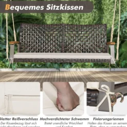 2-Sitzer Schaukelbank mit Kissen PE-Rattan Hängebank bis 360 kg Gartenschaukel Weiß
