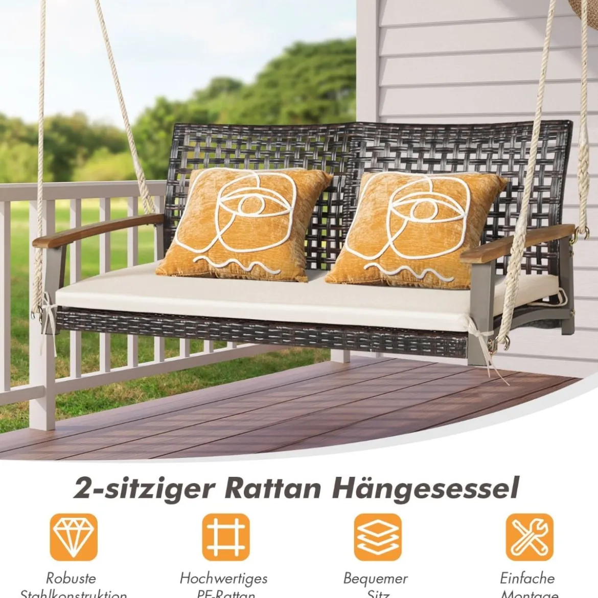 2-Sitzer Schaukelbank mit Kissen PE-Rattan Hängebank bis 360 kg Gartenschaukel Weiß