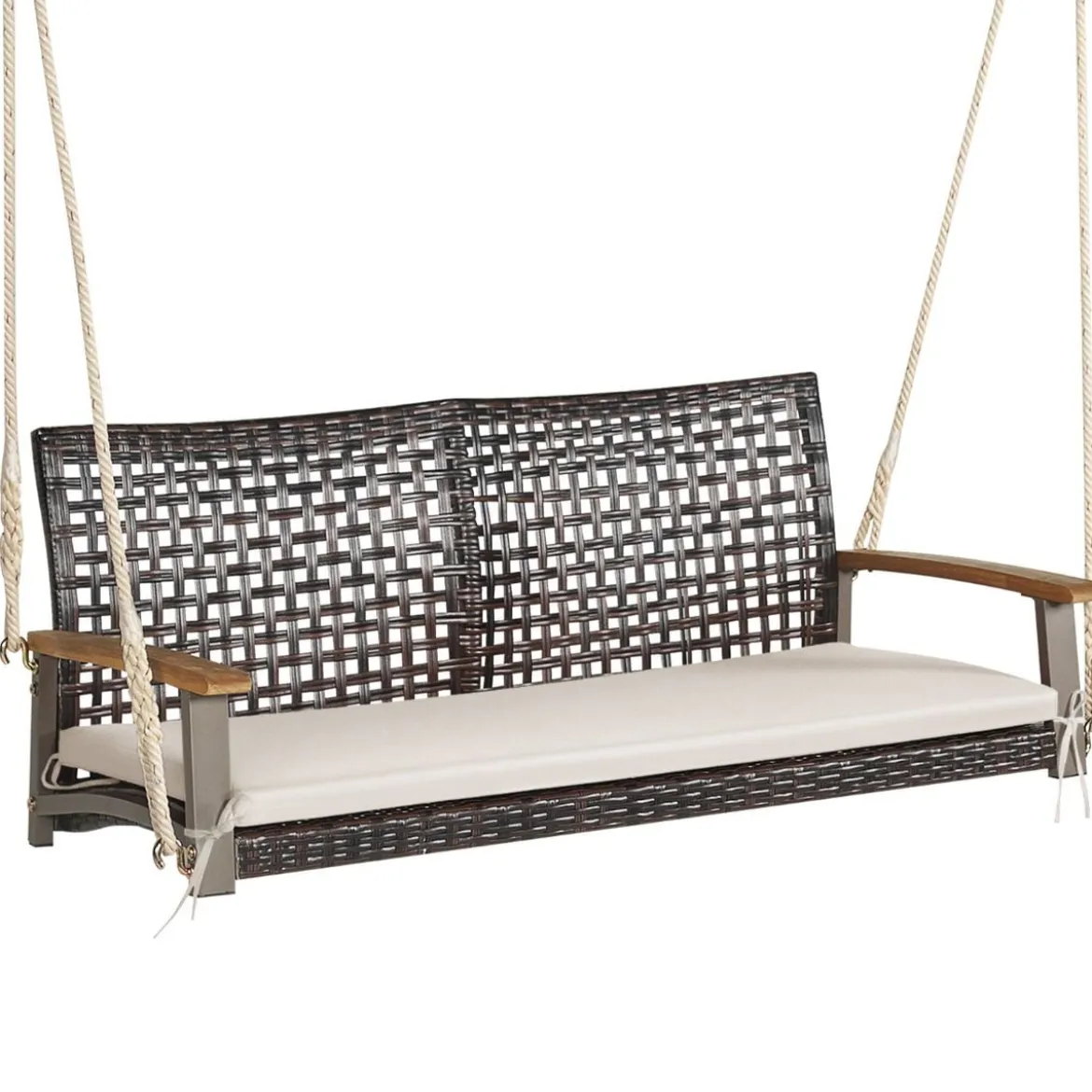 2-Sitzer Schaukelbank mit Kissen PE-Rattan Hängebank bis 360 kg Gartenschaukel Weiß