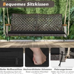 2-Sitzer Schaukelbank mit Kissen PE-Rattan Hängebank bis 360 kg Gartenschaukel Schwarz
