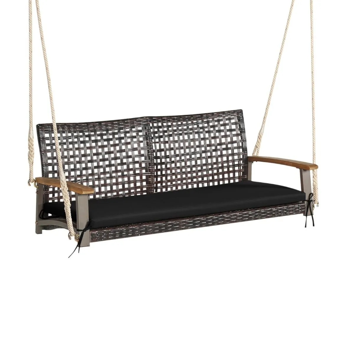 2-Sitzer Schaukelbank mit Kissen PE-Rattan Hängebank bis 360 kg Gartenschaukel Schwarz