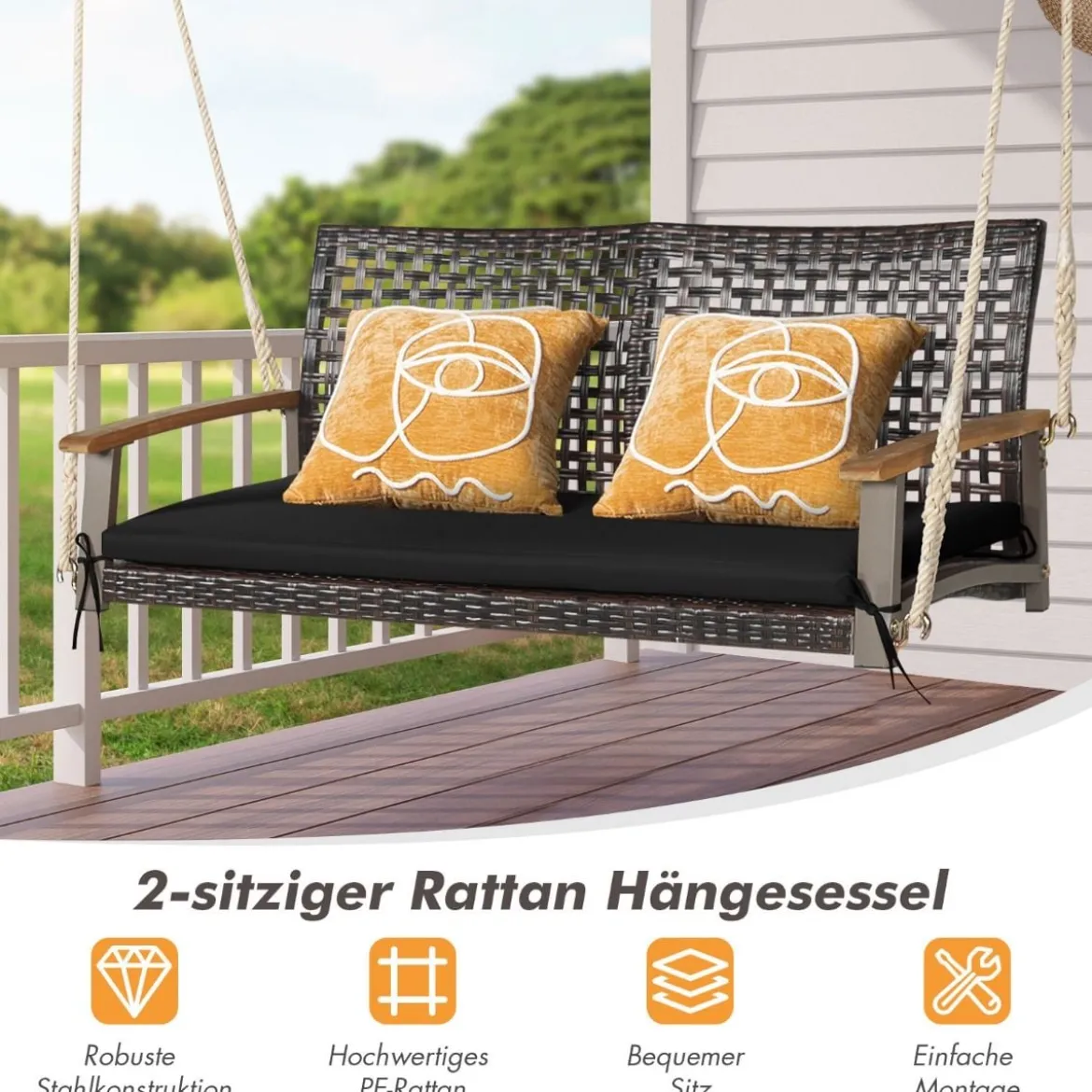 2-Sitzer Schaukelbank mit Kissen PE-Rattan Hängebank bis 360 kg Gartenschaukel Schwarz