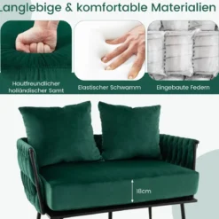 2-Sitzer Sofa aus Samt kleine Couch mit 2 Rückenkissen 109 x 61 x 65 cm Grün