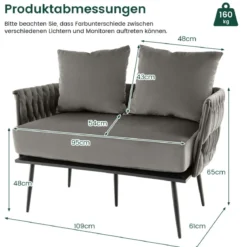 2-Sitzer Sofa aus Samt kleine Couch mit 2 Rückenkissen 109 x 61 x 65 cm Grau