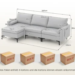 1 Sitzer Sofa / 2 Sitzer Sofa / 3 Sitzer Sofa mit USB-Anschluss und Steckdose Hellgrau