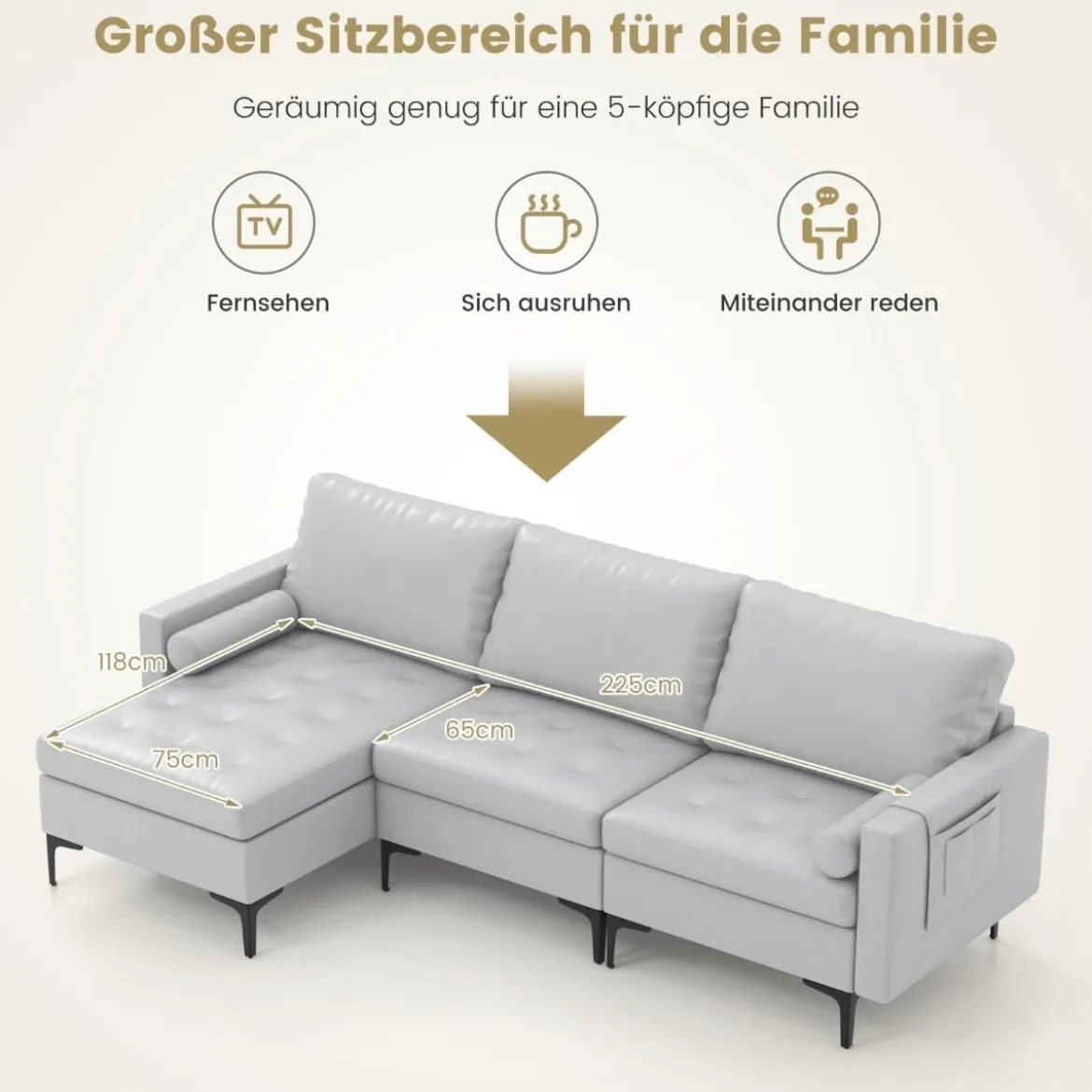 1 Sitzer Sofa / 2 Sitzer Sofa / 3 Sitzer Sofa mit USB-Anschluss und Steckdose Hellgrau