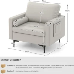 1 Sitzer Sofa / 2 Sitzer Sofa / 3 Sitzer Sofa mit USB-Anschluss und Steckdose Hellgrau