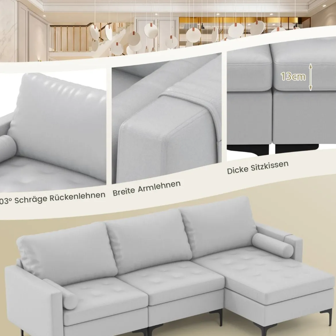 1 Sitzer Sofa / 2 Sitzer Sofa / 3 Sitzer Sofa mit USB-Anschluss und Steckdose Hellgrau