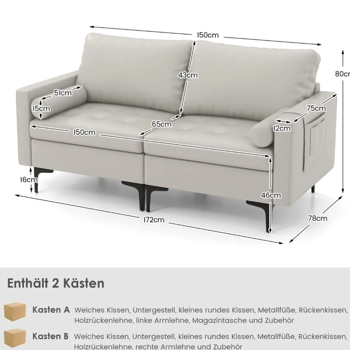 1 Sitzer Sofa / 2 Sitzer Sofa / 3 Sitzer Sofa mit USB-Anschluss und Steckdose Hellgrau