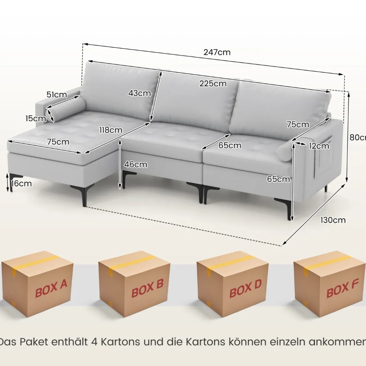 1 Sitzer Sofa / 2 Sitzer Sofa / 3 Sitzer Sofa mit USB-Anschluss und Steckdose Hellgrau
