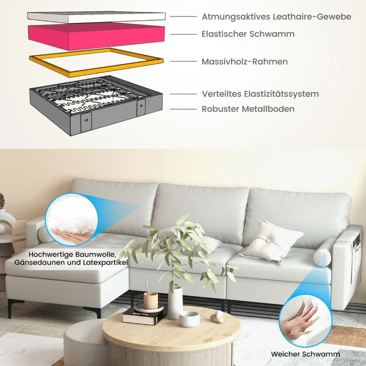 1 Sitzer Sofa / 2 Sitzer Sofa / 3 Sitzer Sofa mit USB-Anschluss und Steckdose Hellgrau