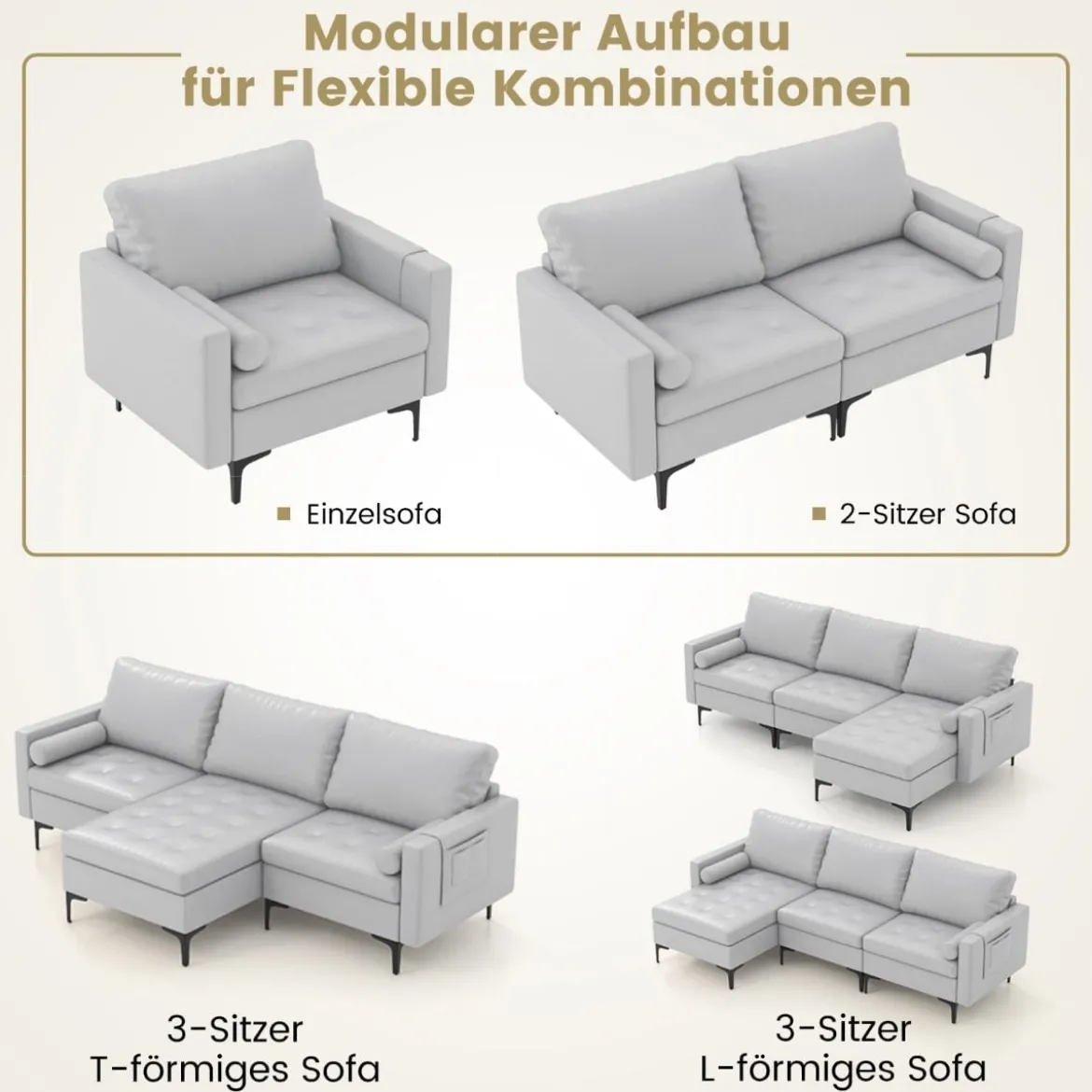 1 Sitzer Sofa / 2 Sitzer Sofa / 3 Sitzer Sofa mit USB-Anschluss und Steckdose Hellgrau