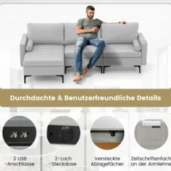 1 Sitzer Sofa / 2 Sitzer Sofa / 3 Sitzer Sofa mit USB-Anschluss und Steckdose Hellgrau