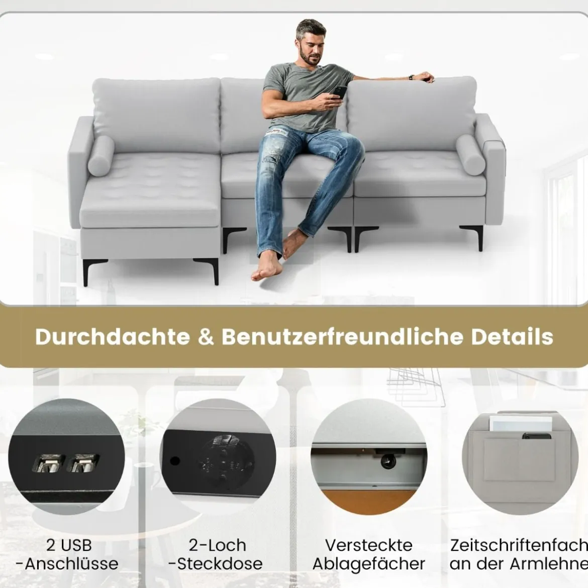 1 Sitzer Sofa / 2 Sitzer Sofa / 3 Sitzer Sofa mit USB-Anschluss und Steckdose Hellgrau