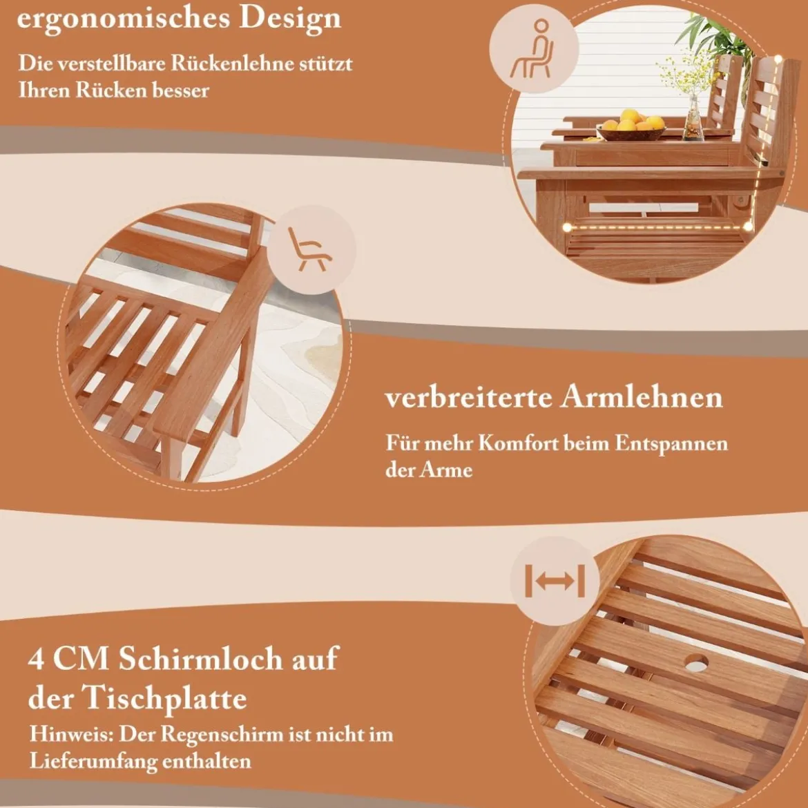Sitzgarnitur aus Holz mit Kaffeetisch & Schirmloch Wetterfestes Gartenmöbelset für die Terrasse