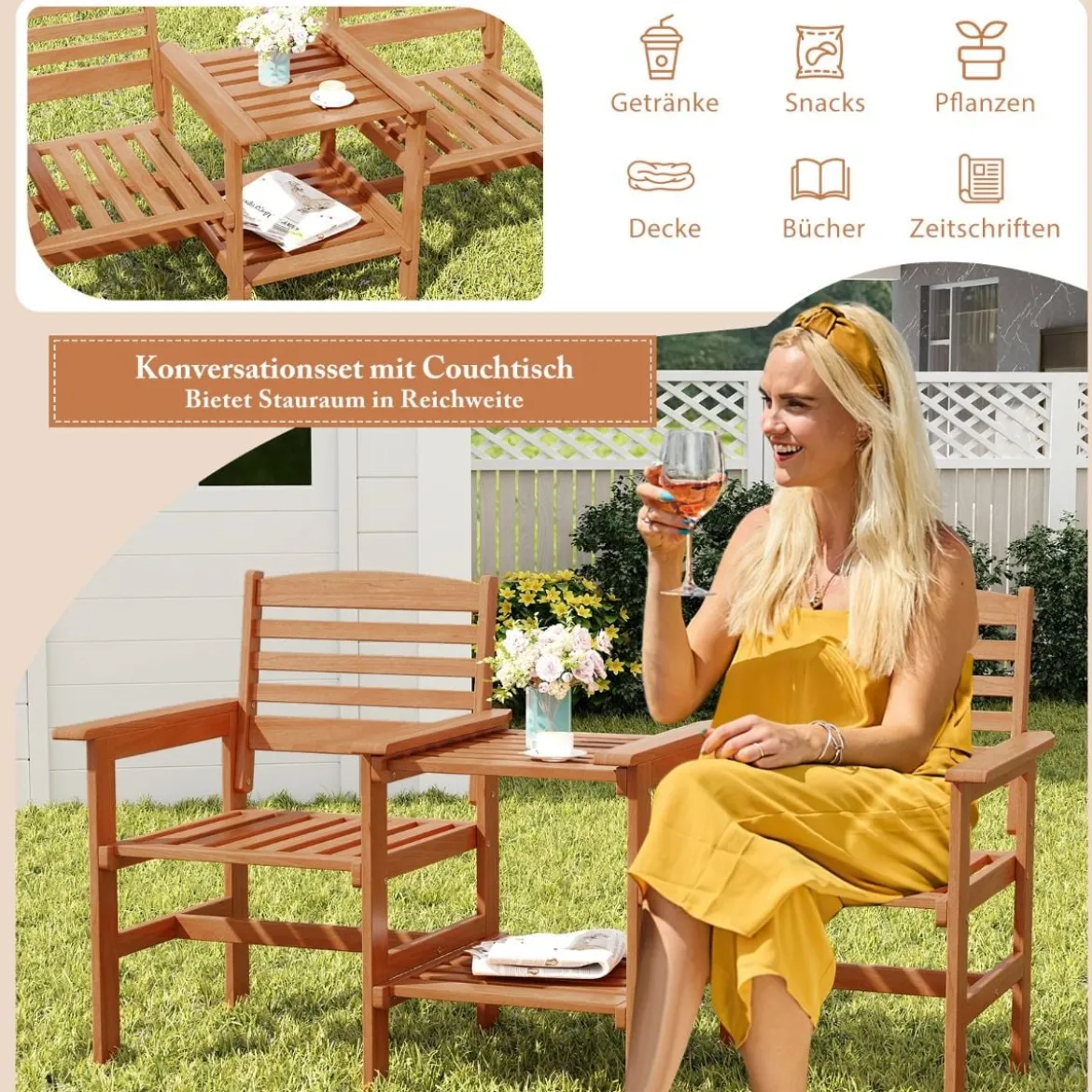 Sitzgarnitur aus Holz mit Kaffeetisch & Schirmloch Wetterfestes Gartenmöbelset für die Terrasse
